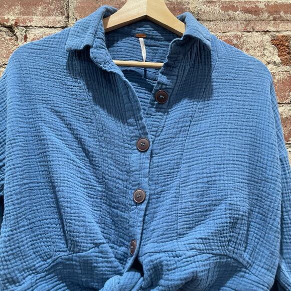 Free People Sunstreaks Tie Button Blouse Top Blue Size XS - Picture 5 of 7